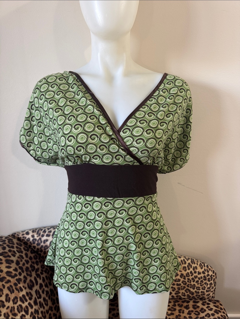 Le Chateau Y2K  Green Swirl & Brown Satin Wrap-Style Babydoll Top